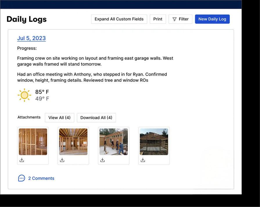 Buildertrend Daily Logs desktop view