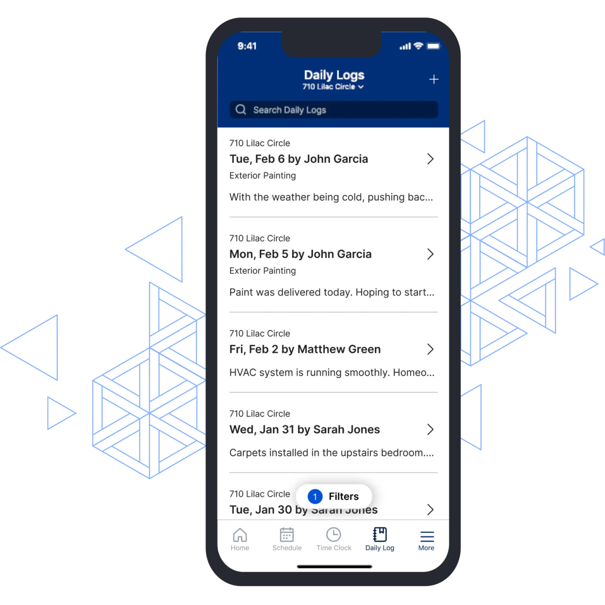 Buildertrend mobile app showing Daily Logs